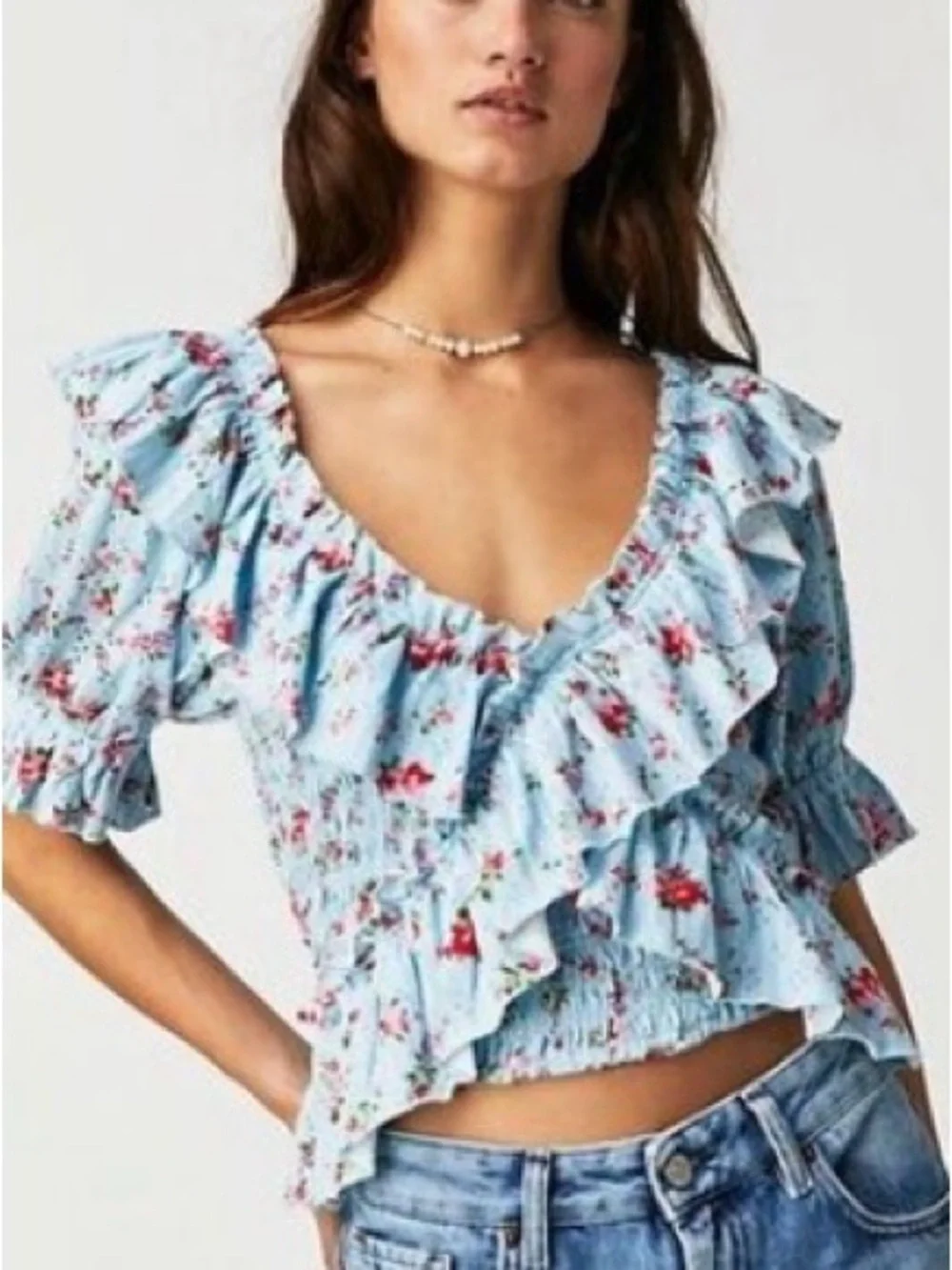 Free People Sky Blue Floral Ruffle Smocked Blouse